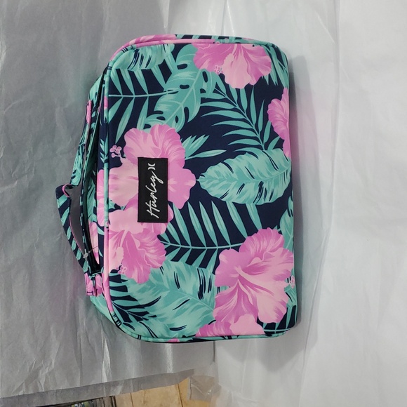 Hurley obsidian dark blue pink hibiscus tropical palm print makeup cosmetics bag - Picture 14 of 16